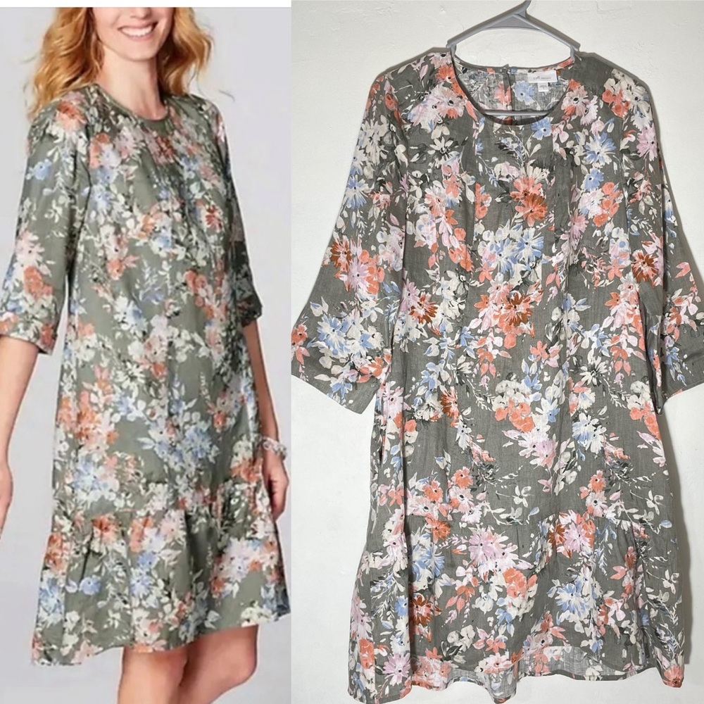 J. Jill Love Linen Fresh Bloom Caraway Green Sage Floral Dress S